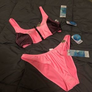 Neon pink high waist swim bikini mesh zip top